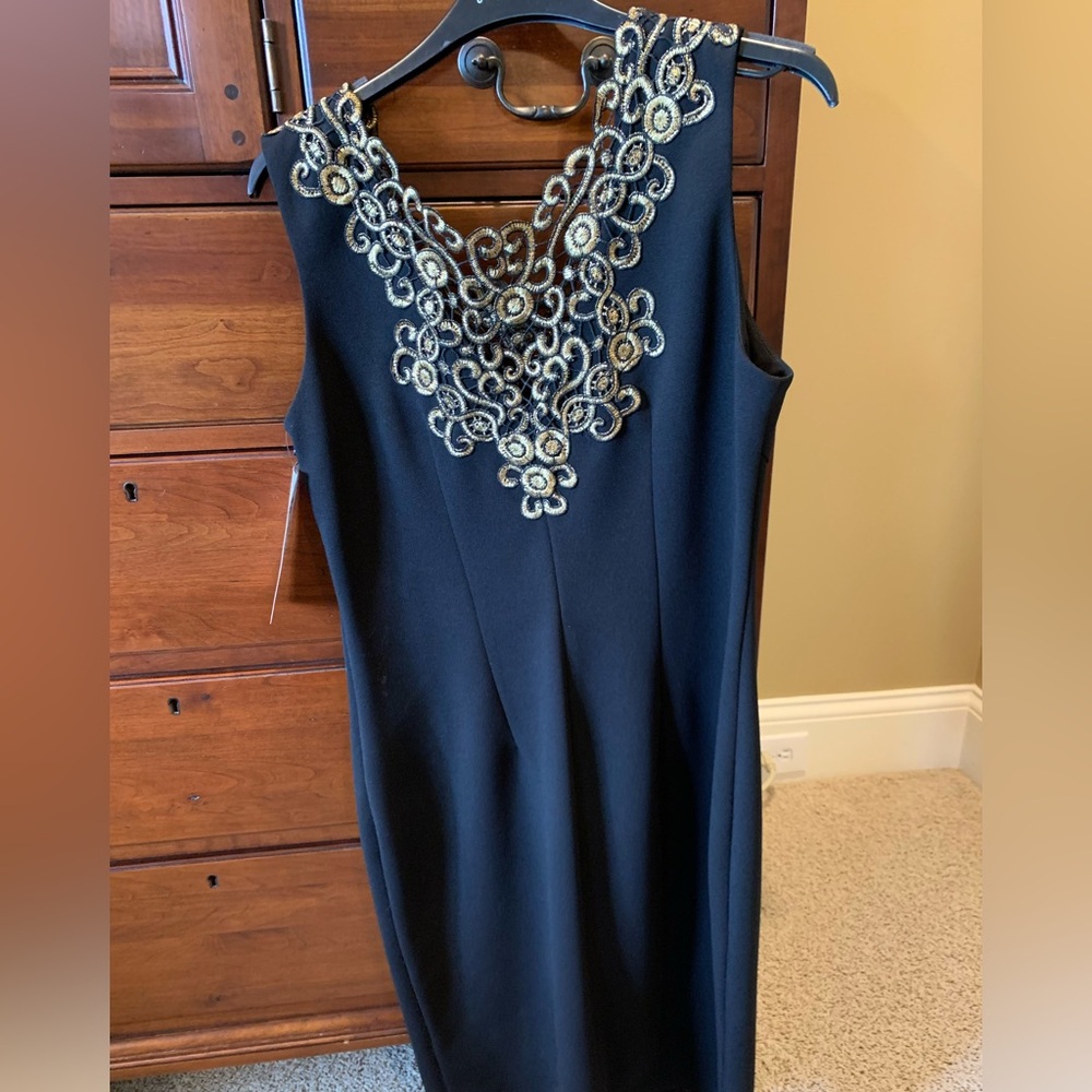 Joseph Ribkoff Black Midi Dress with Gold and Silver Beaded Neckline